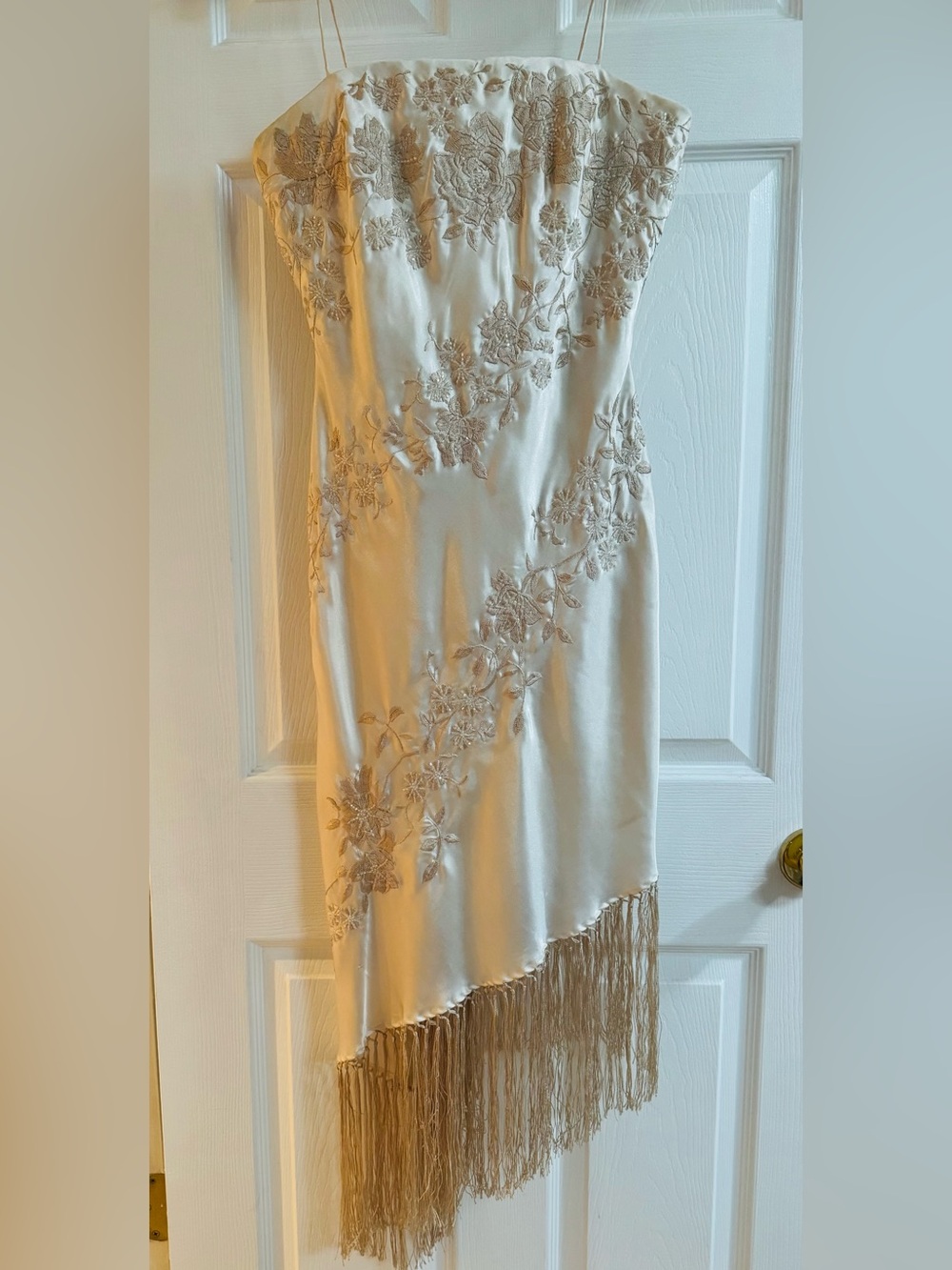 Sue Wong Nocturne Vintage Asymmetrical Fringe Dress Cream Satin Y2K Size 6